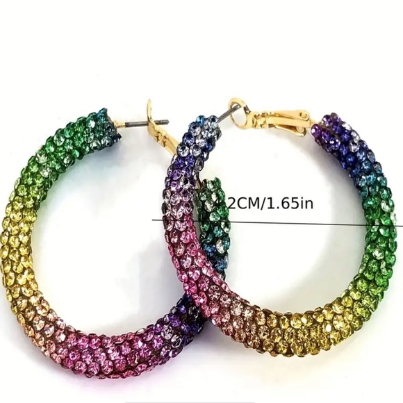 Rainbow Multi Color Rhinestone Hoop Bling Y2K, Retro, Disco, Pride Earrings - Picture 4 of 8